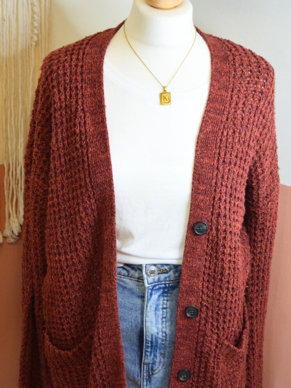 American Eagle Rust Open Knit Oversized Cardigan Sweater S